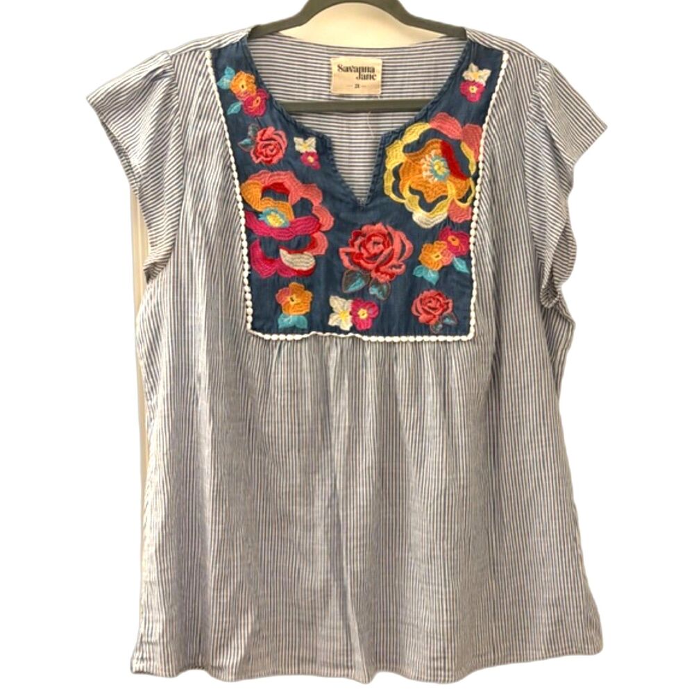 Savanna Jane Embroidered Boho Blouse Women’s 2X Floral Top Stripe Tunic - Picture 2 of 9